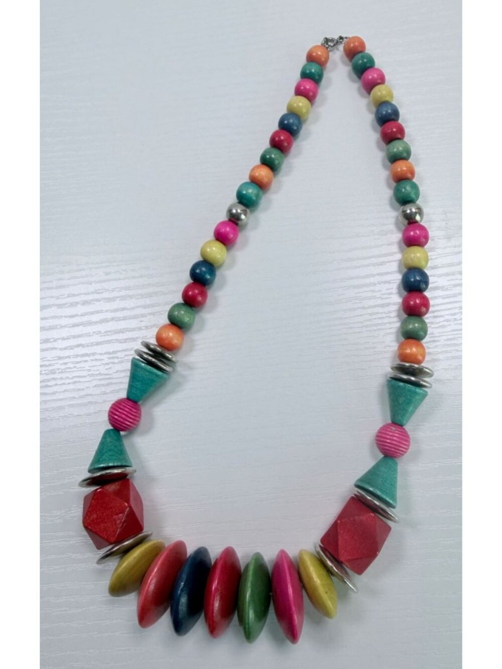 Vintage Rainbow Wooden Bead Necklace Retro 1980s Chunky Multicolor Geometric